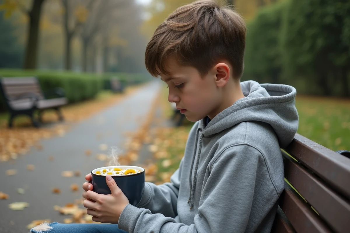 Adolescent en hoodie dans un parc avec une tasse de camomille