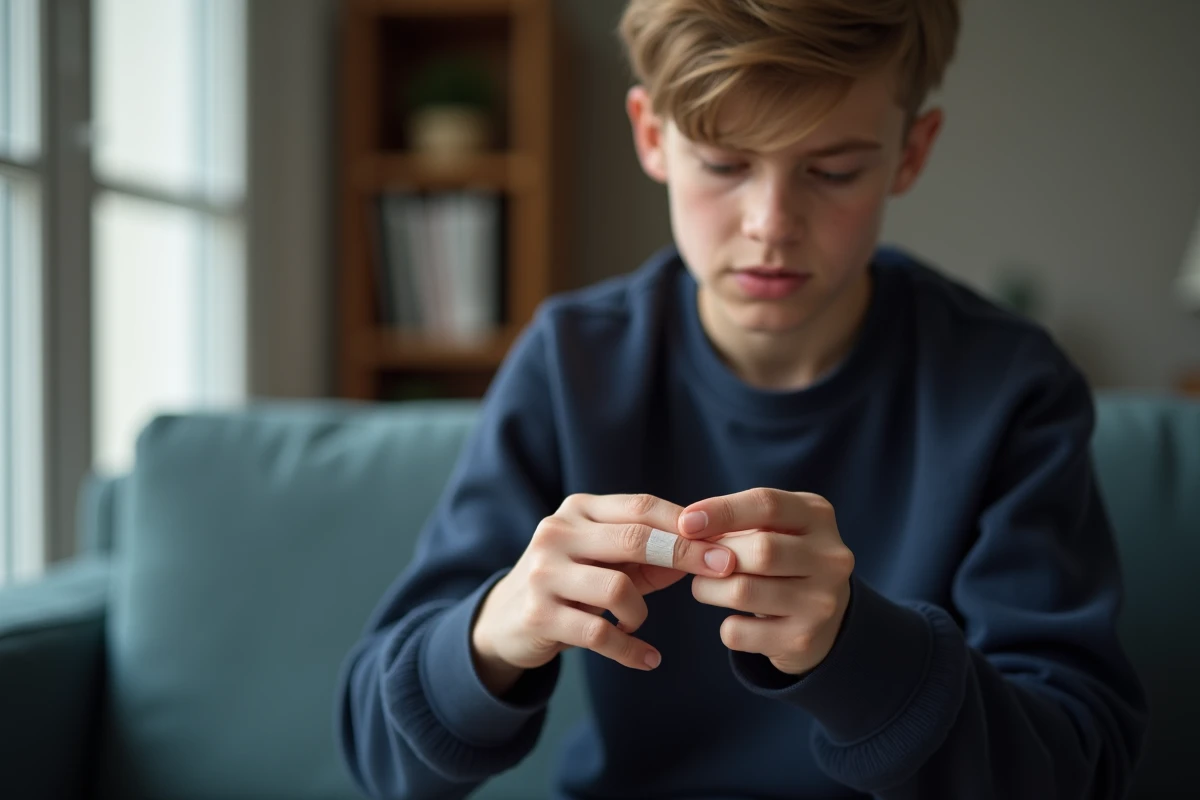 Adolescent applique un pansement sur son doigt brûle