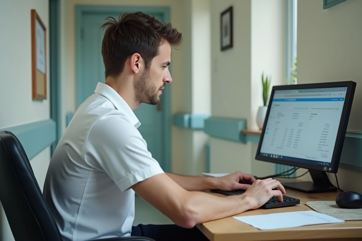 Aide-soignant jeune regardant son écran dans un couloir d
