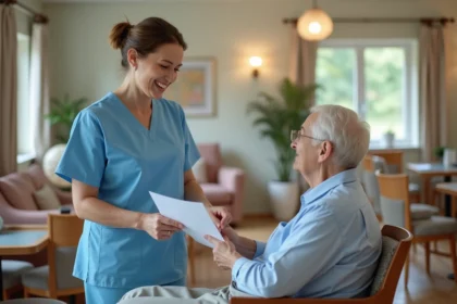 Aide-soignante en uniforme bleu échangeant des papiers avec une résidente