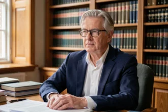 Portrait d'un homme distingué aux cheveux grisonnants assis à un bureau de chercheur entouré de livres, illustrant un article sur Alain Bauer et sa santé en 2026