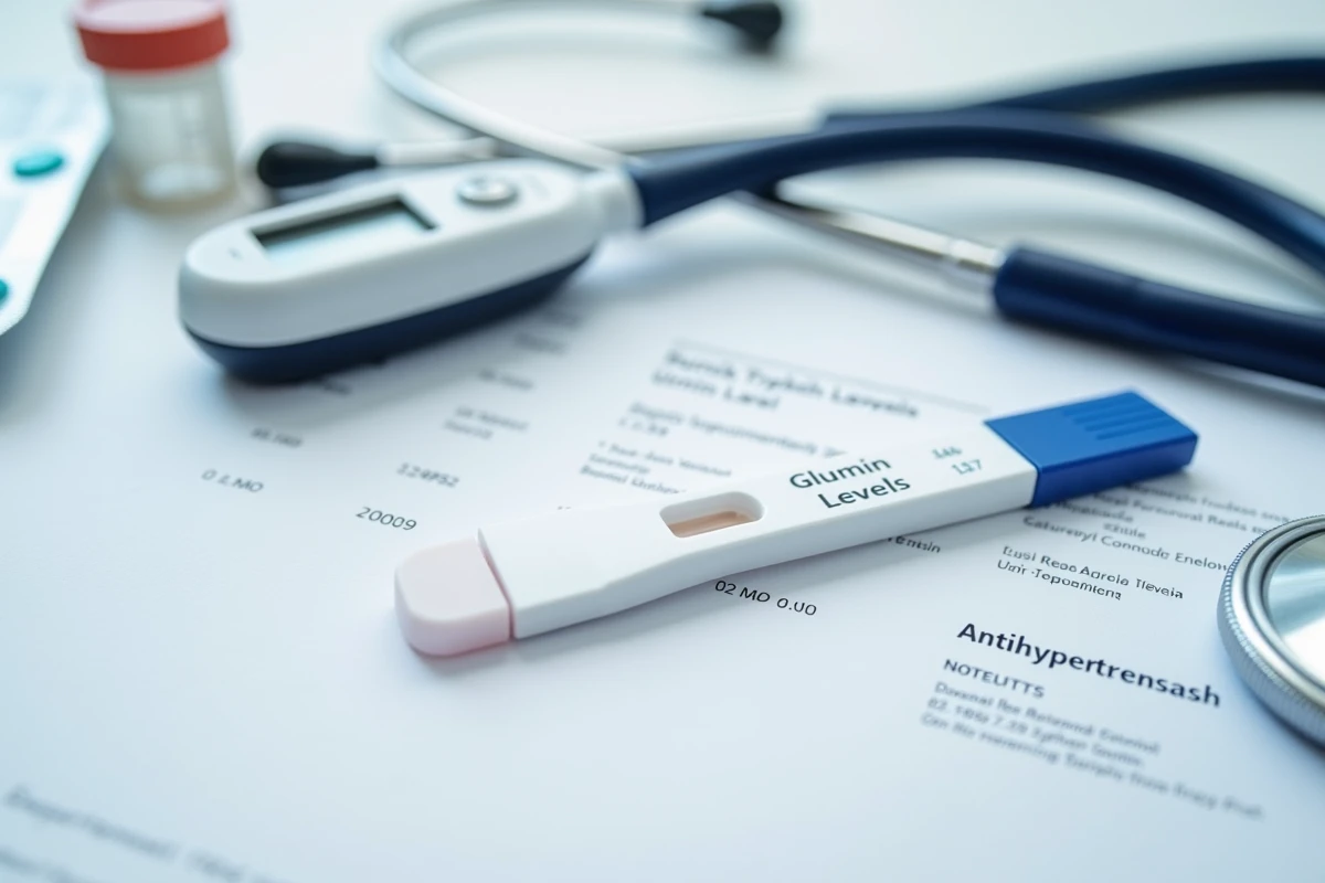 Bandelette urinaire et résultats d'analyse montrant une microalbuminurie élevée associée au diabète et à l'hypertension artérielle