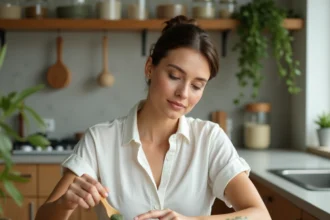 Femme appliquant un cataplasme d'argile verte sur son avant-bras dans une cuisine en bois naturel