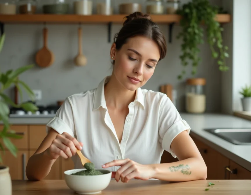 Femme appliquant un cataplasme d'argile verte sur son avant-bras dans une cuisine en bois naturel