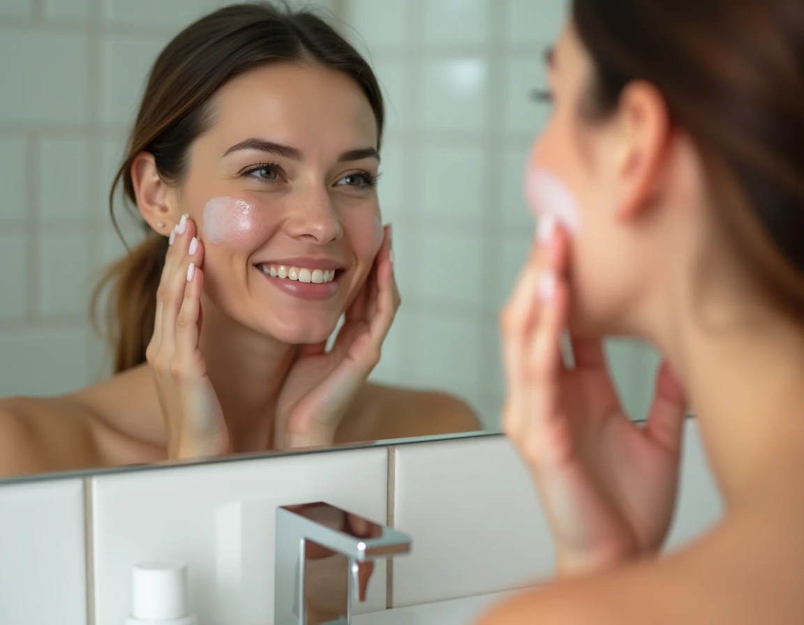 Femme appliquant une crème apaisante sur peau sensible et rouge devant un miroir de salle de bain
