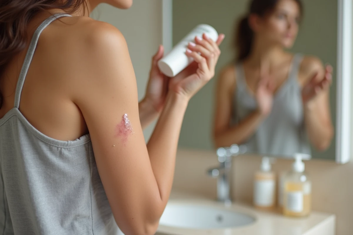 Gros plan d'une femme appliquant un gel apaisant sur son aisselle irritée après le rasage, avec rougeurs visibles