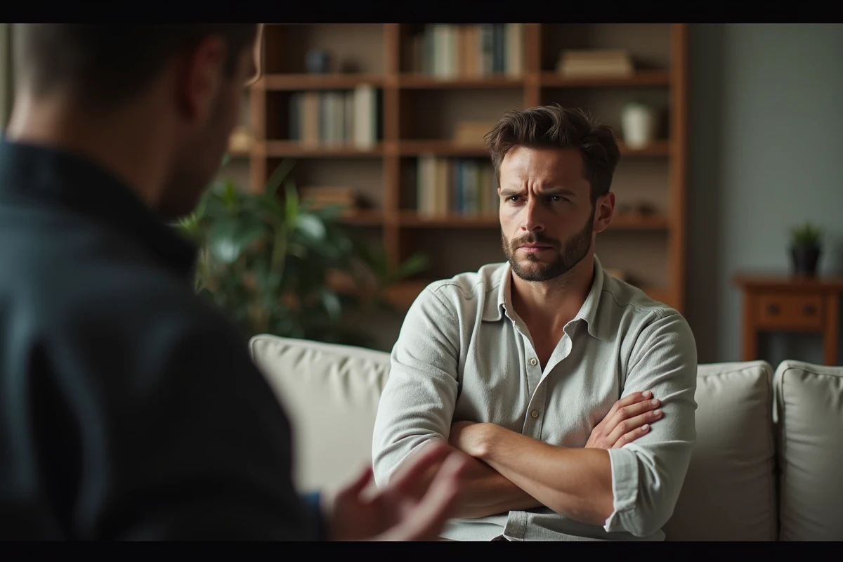 Homme sur un canapé au regard blessé face à une personne qui gesticule de manière dédaigneuse, illustrant l'expression 'arrête ta comédie'