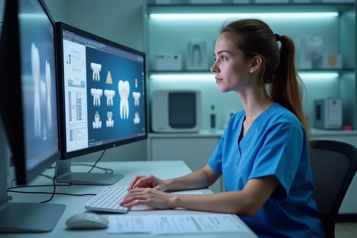 Assistante dentaire manipulant un modèle 3D sur ordinateur