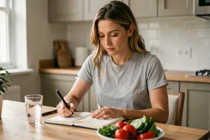 Femme qui planifie sa baisse de CDT avec un journal alimentaire et des légumes frais sur une table en bois