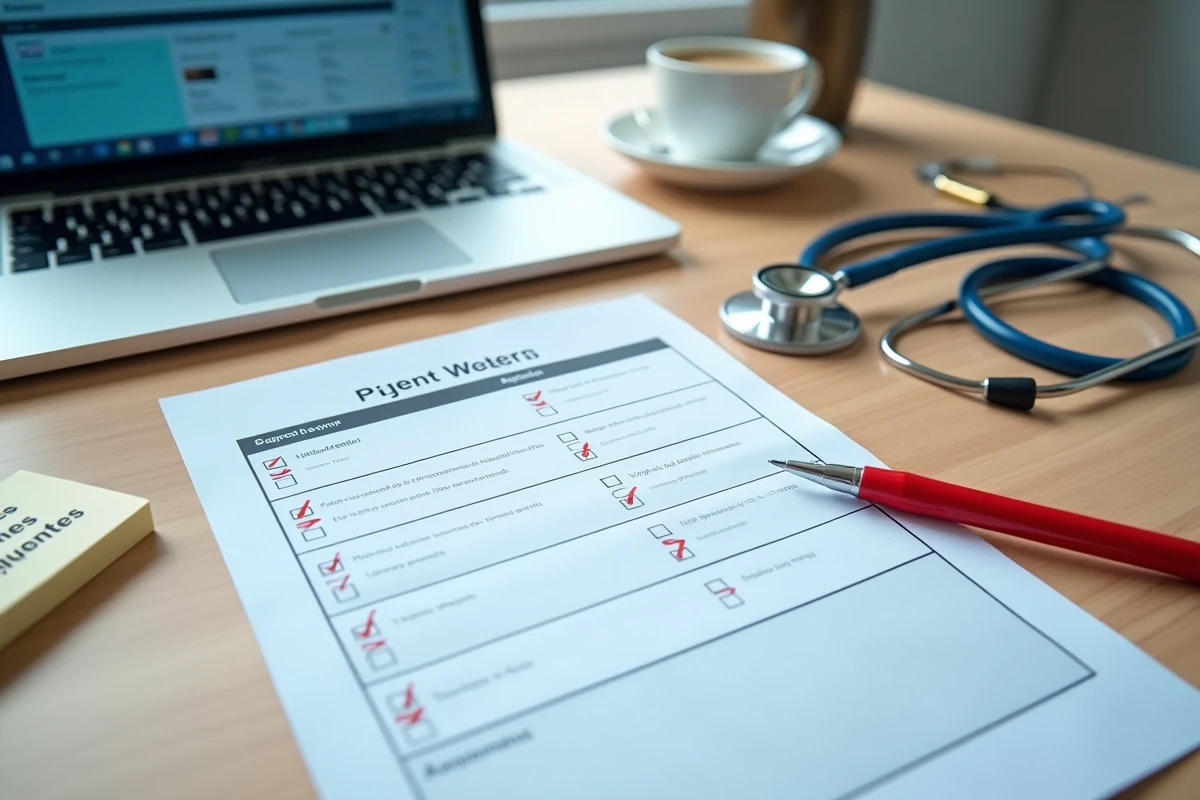 Vue aérienne d'un bureau médical avec formulaire de suivi patient incomplet et tableau de bord logiciel soins affiché sur ordinateur