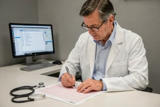 Cardiologue examinant un tracé ECG montrant des signes d'hypokaliémie sur une table de consultation médicale
