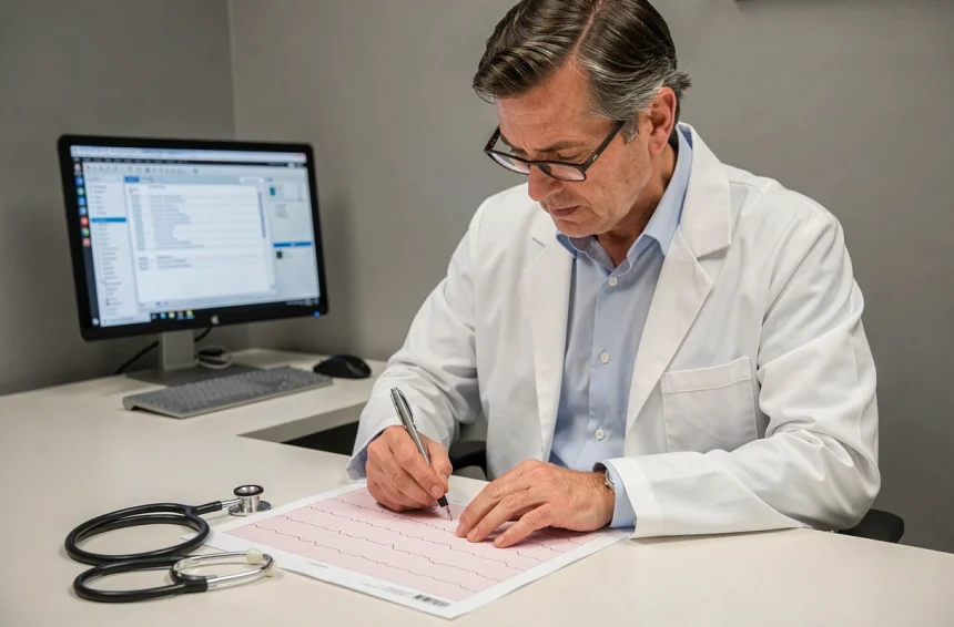 Cardiologue examinant un tracé ECG montrant des signes d'hypokaliémie sur une table de consultation médicale