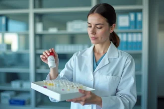 Chercheuse en blouse blanche examine des échantillons en laboratoire