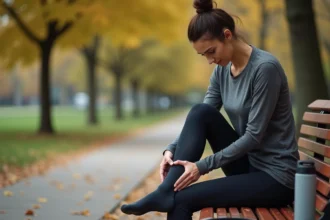 Femme sportive examinant sa cheville légèrement enflée après une séance de jogging dans un parc