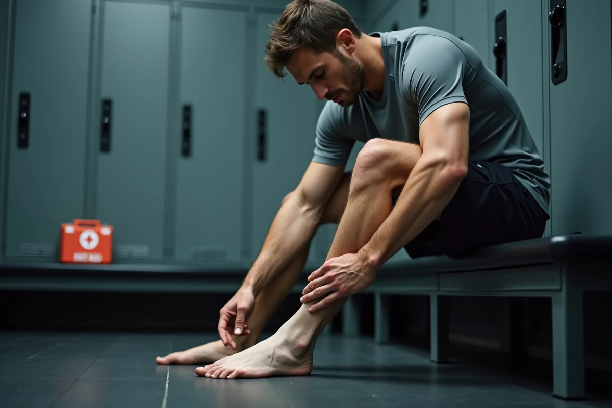Sportif masculin en vestiaire observant une cheville enflée après l'effort, comparant les deux chevilles