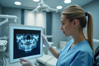 Chirurgienne dentiste examinant une radiographie dentaire dans une clinique moderne avant une première intervention chirurgicale