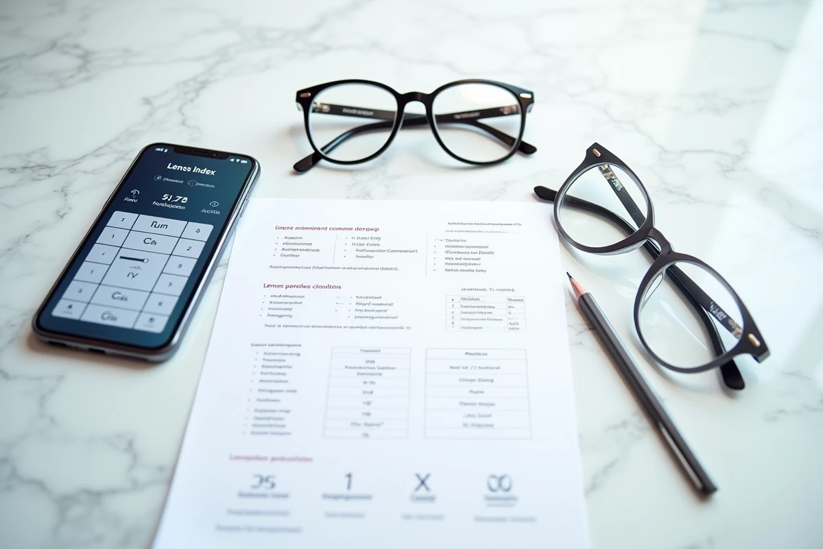 Vue aérienne de deux paires de lunettes aux épaisseurs de verres différentes avec calcul manuel et application mobile d'indice de verre