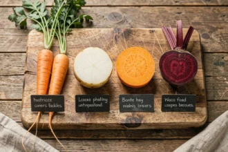 Comparatif de légumes glucidiques : carottes, pommes de terre, patate douce et betterave sur une planche en bois rustique