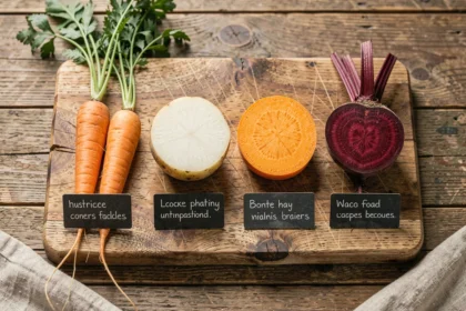 Comparatif de légumes glucidiques : carottes, pommes de terre, patate douce et betterave sur une planche en bois rustique
