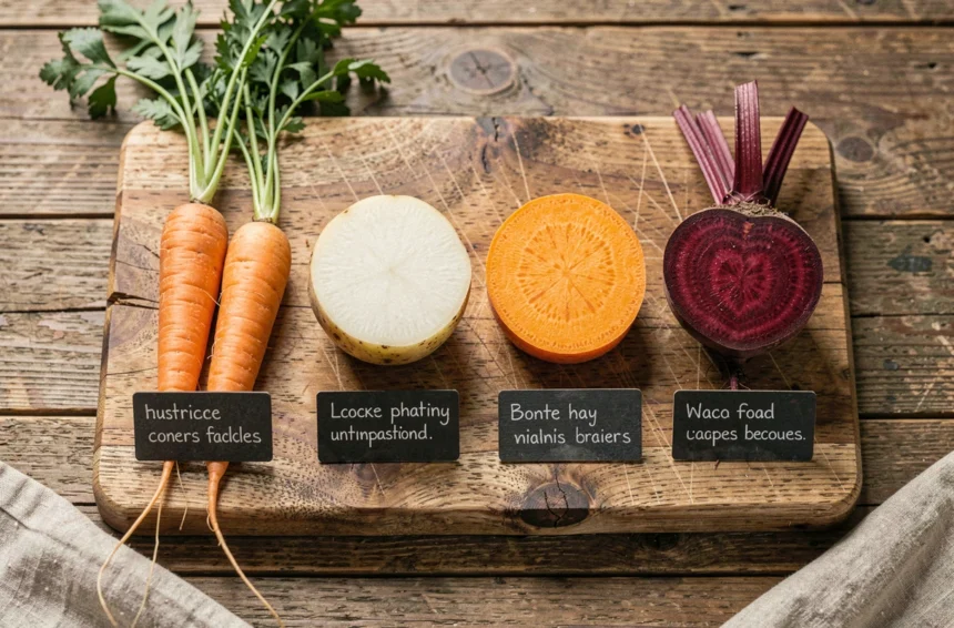 Comparatif de légumes glucidiques : carottes, pommes de terre, patate douce et betterave sur une planche en bois rustique