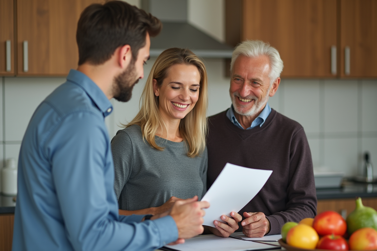 Conseiller en assurance discutant avec un couple dans la cuisine