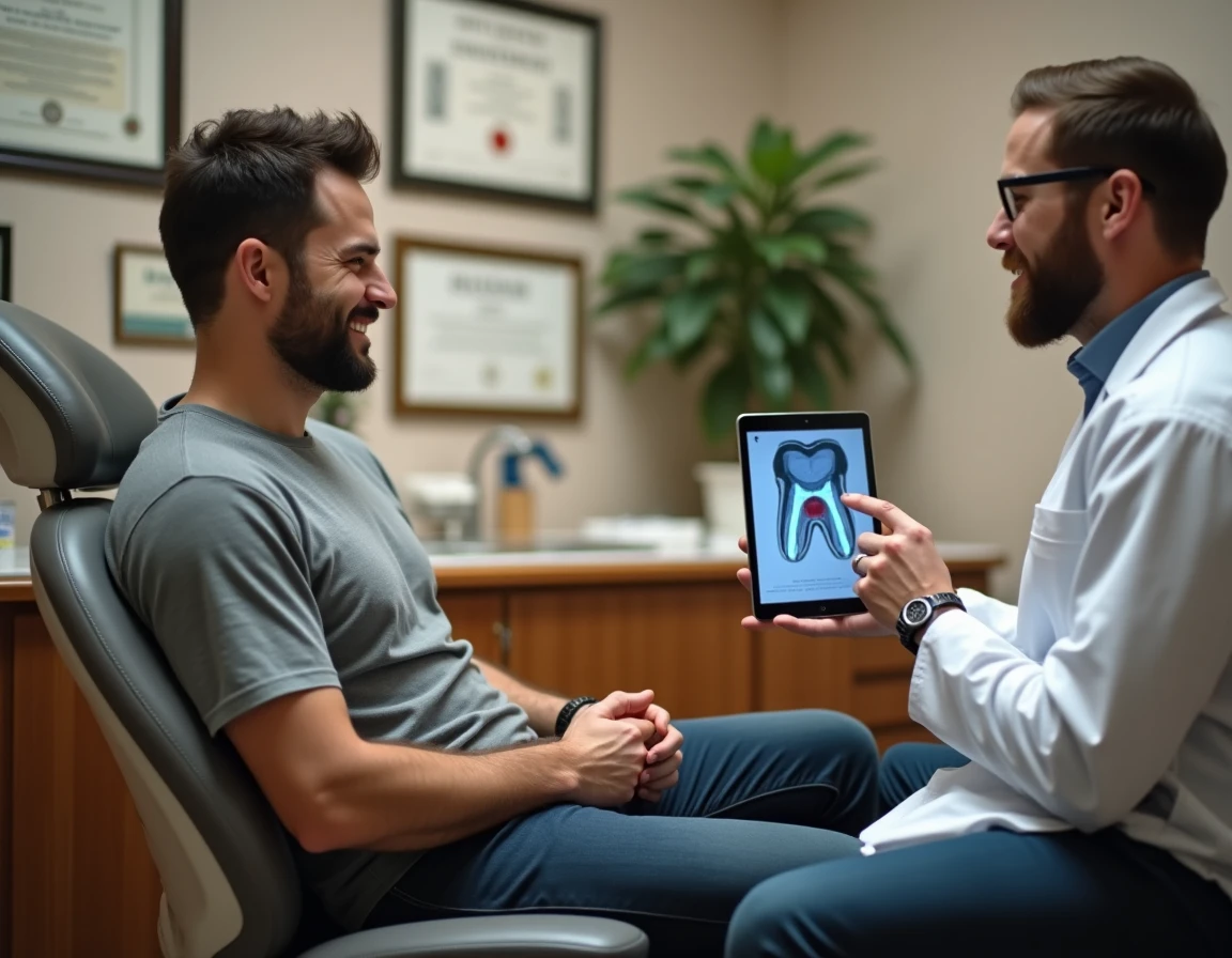 Patient en consultation dentaire écoutant les explications du dentiste sur un plan de traitement numérique avant une chirurgie
