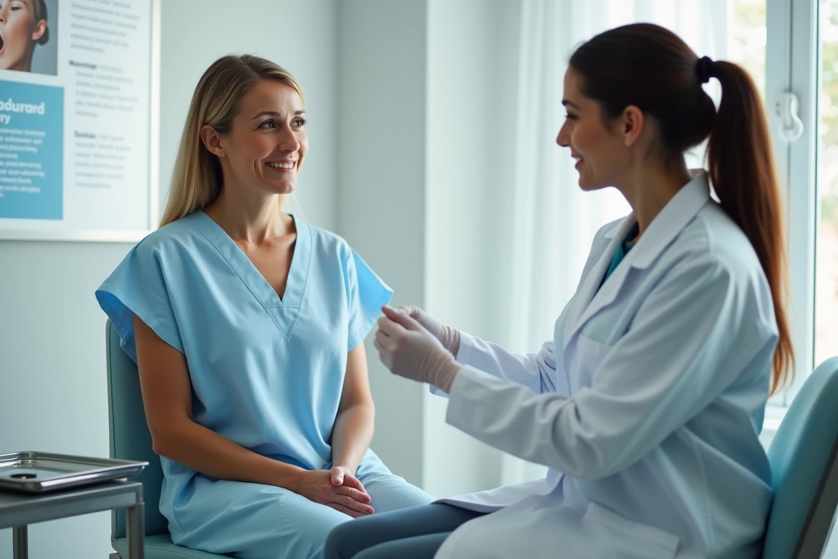 Femme consultant une dermatologue pour une douleur sous l'aisselle après épilation dans un cabinet médical moderne