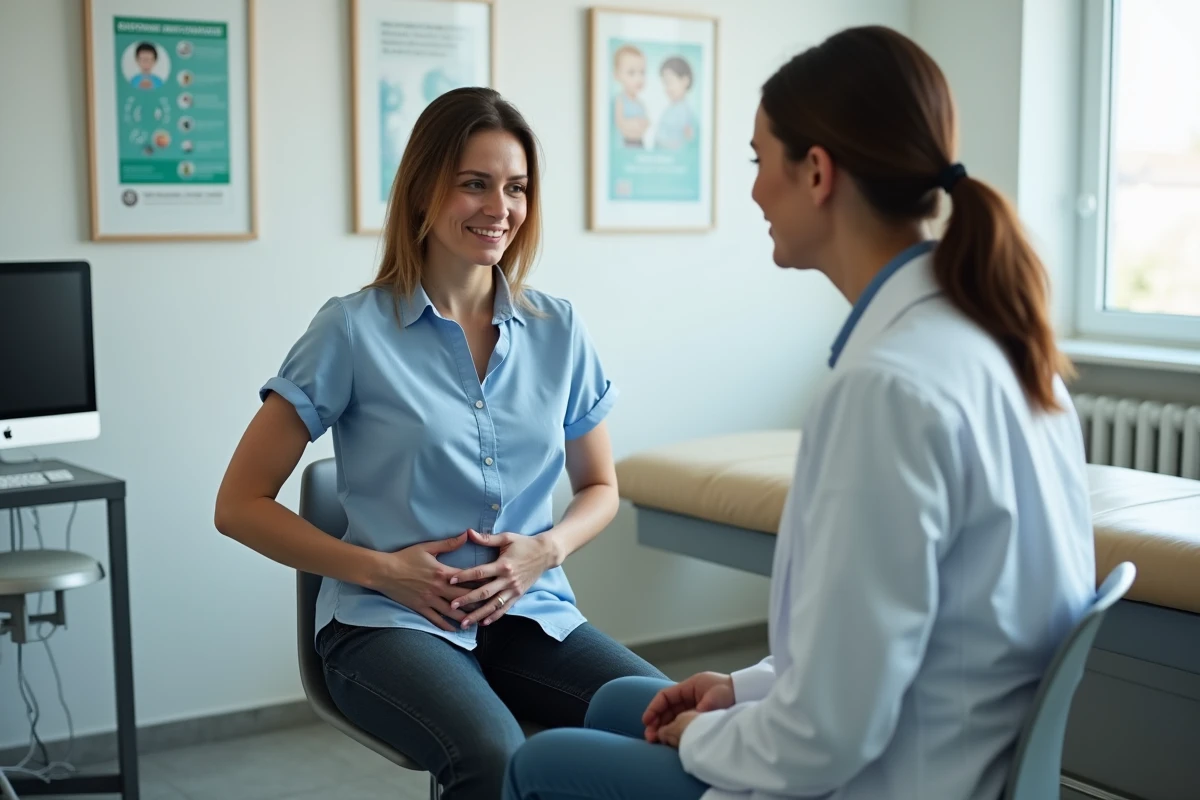 Femme consultant un médecin et indiquant une douleur au côté droit du ventre lors d'une consultation médicale