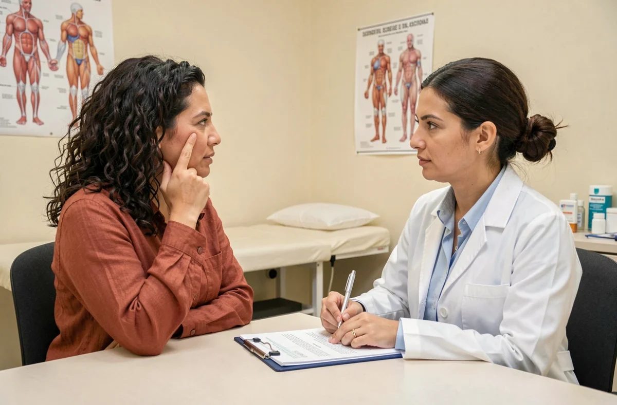 Patiente en consultation chez un médecin pour des fourmillements persistants du visage, paresthésie faciale