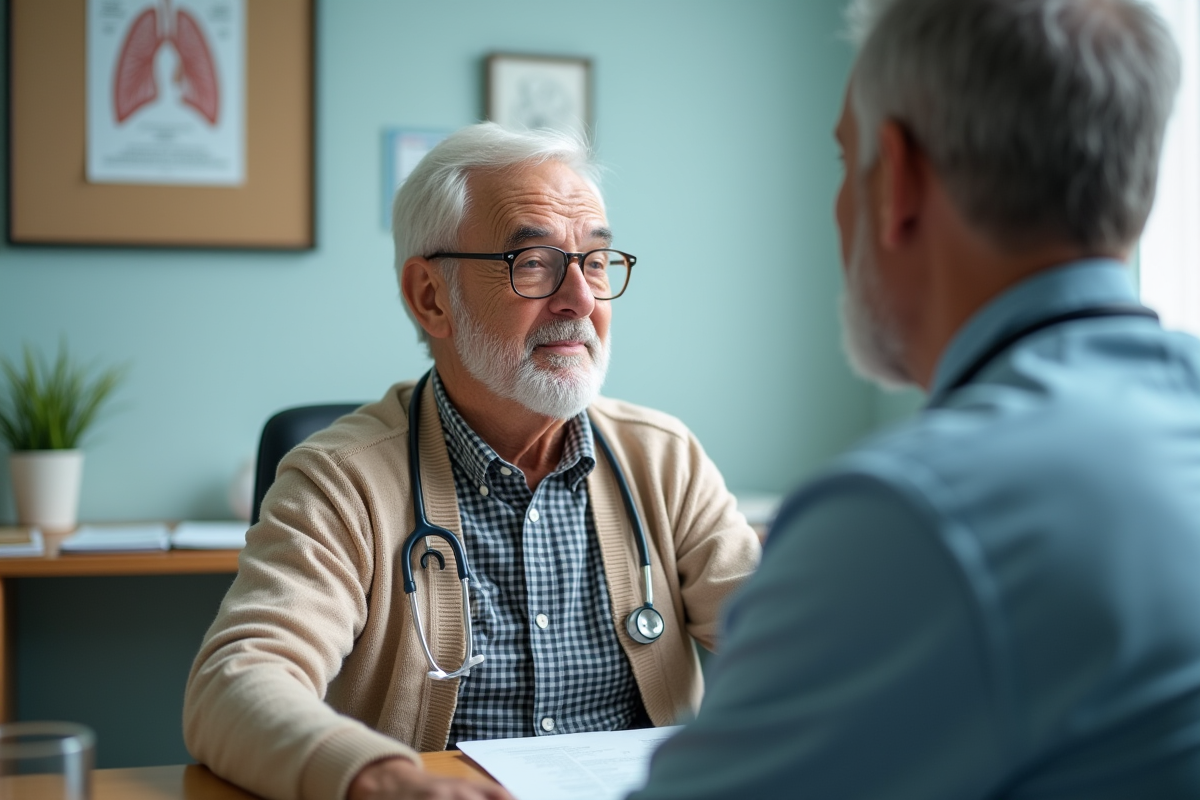 Homme âgé en consultation avec un médecin sur la respiration