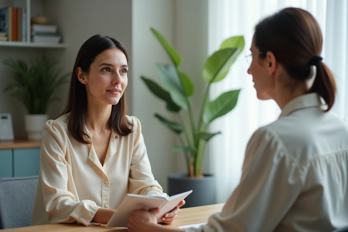 Consultation entre une cliente et une nutritionniste autour d'une méthode minceur, cadre professionnel