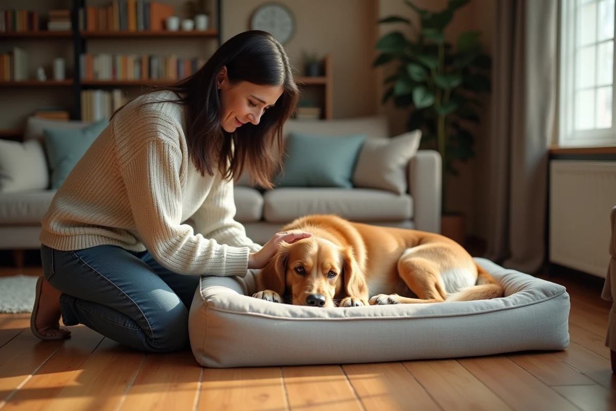 Propriétaire réconfortant son chien en convalescence après une splénectomie à domicile