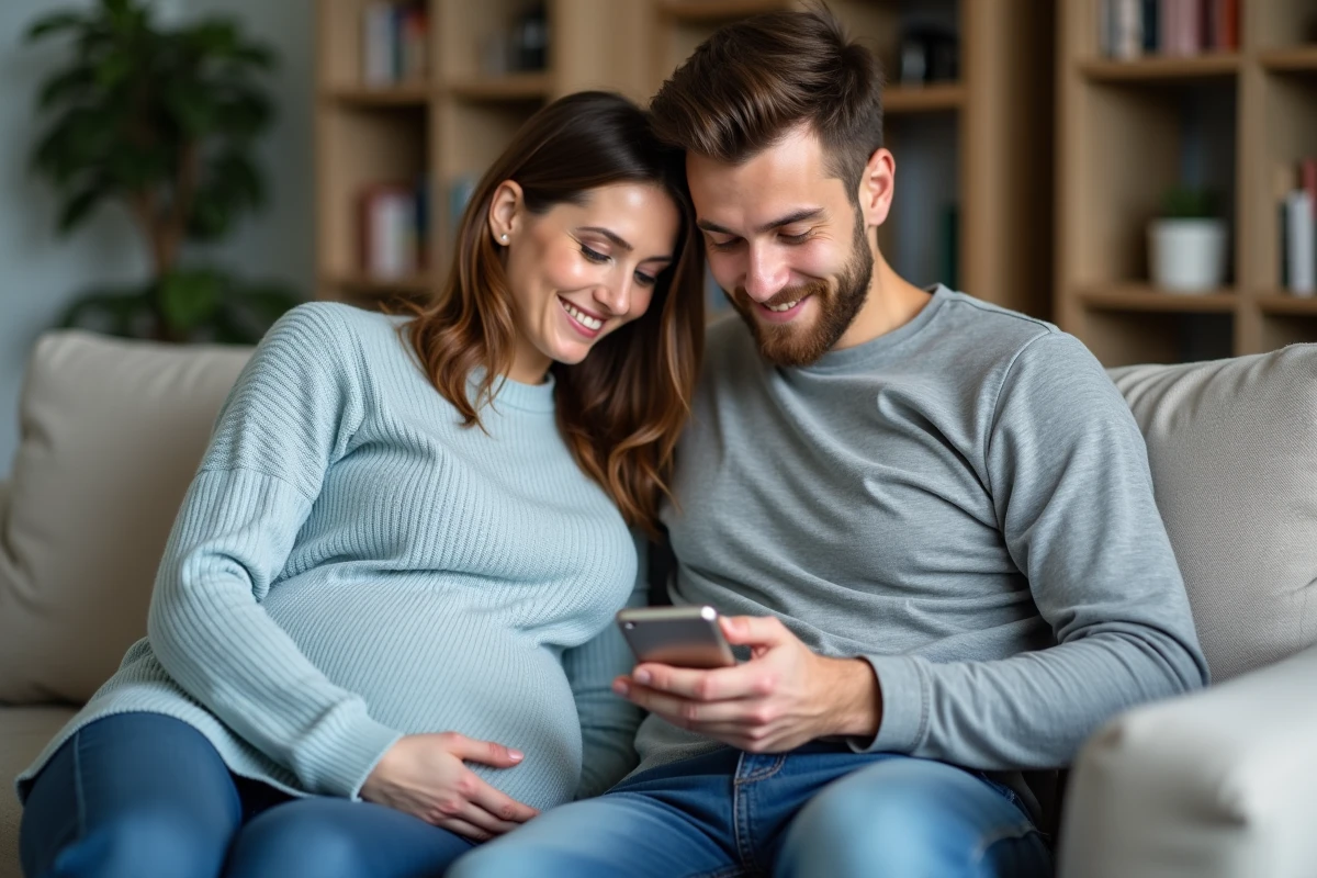 Couple attendant un bébé consultant une application de calcul de terme de grossesse ensemble