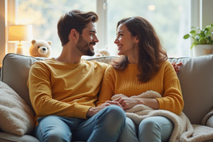 Jeune couple souriant dans un salon lumineux et chaleureux