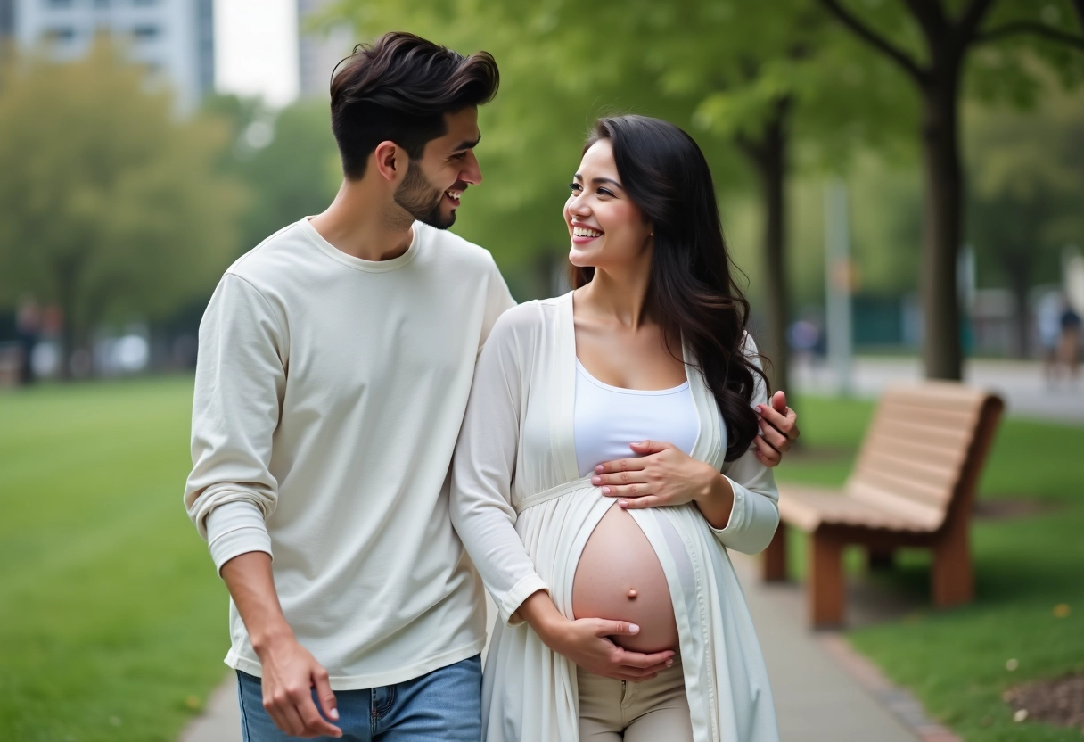 Jeune couple enceinte se promenant dans un parc urbain calme