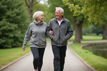 Couple senior actif marchant dans un parc verdoyant