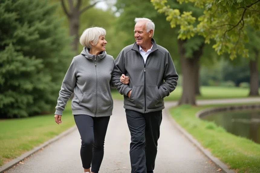 Couple senior actif marchant dans un parc verdoyant