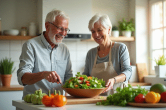 Couple senior préparant une salade dans une cuisine lumineuse