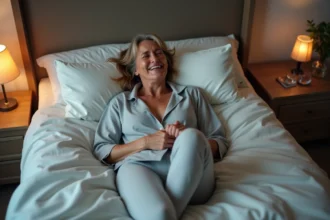 Femme d'âge moyen souffrant d'une crampe au mollet la nuit dans son lit, visage crispé de douleur, position dorsale à éviter