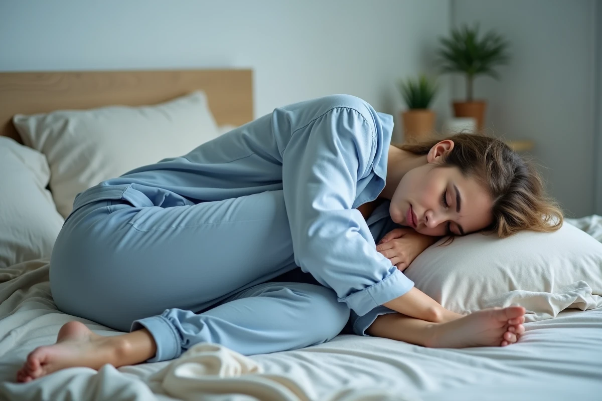Femme recroquevillée en position fœtale dans son lit souffrant d'une crampe nocturne à la jambe, position de sommeil problématique