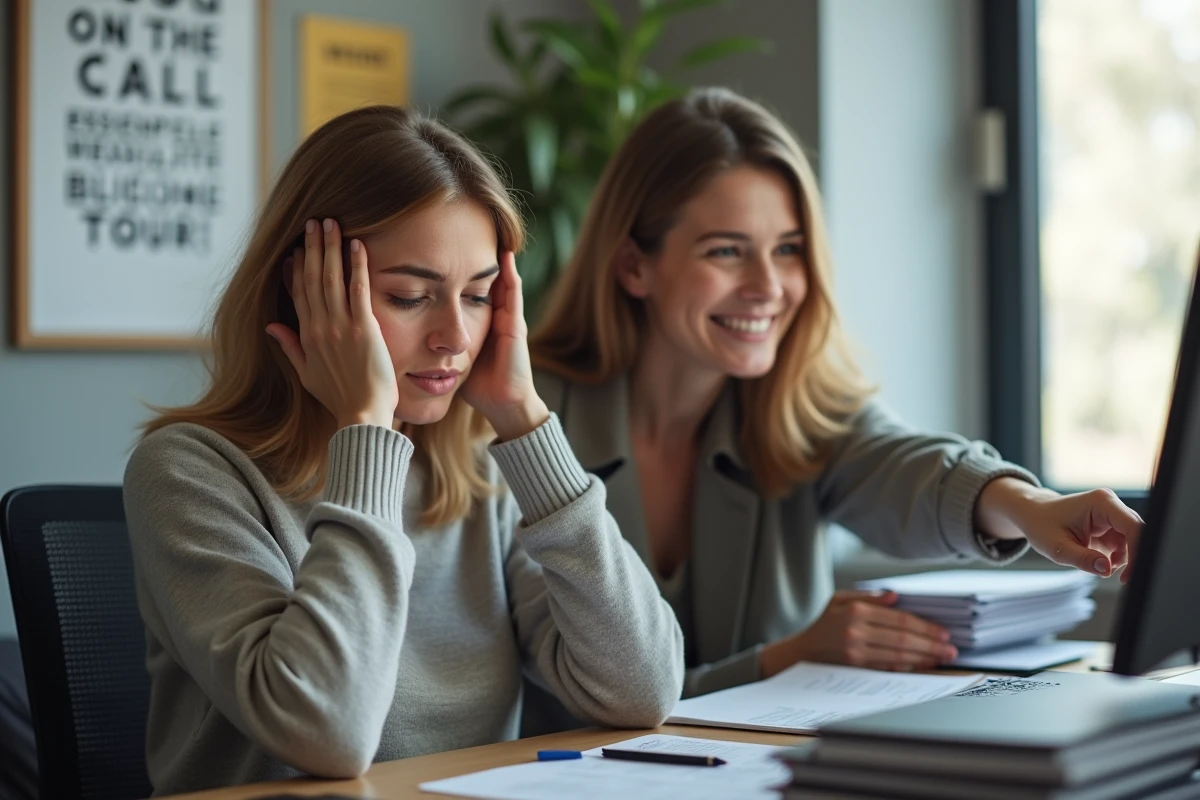 Femme stressée à un bureau tandis qu'un collègue lui montre une affiche positive, illustrant 'c'est dans ta tête, il suffit de positiver'