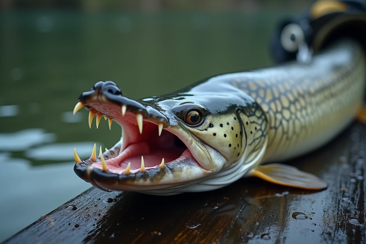Gros plan sur les dents acérées d'un brochet ouvert sur un tapis de réception, illustrant le risque de morsure lors du décrochage