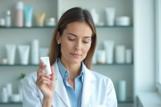 Dermatologue femme tenant un tube de crème Ialuset dans une clinique dermatologique moderne