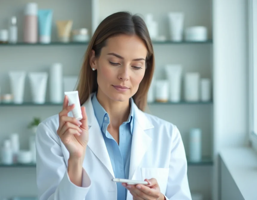 Dermatologue femme tenant un tube de crème Ialuset dans une clinique dermatologique moderne