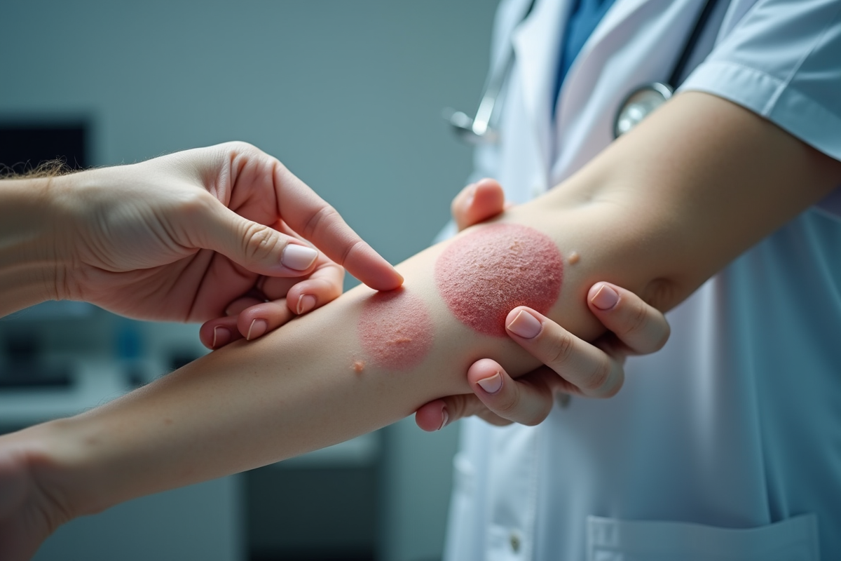 Dermatologue montrant des zones de peau irritée au patient