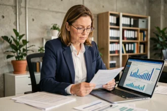 Dirigeante de PME analysant des documents financiers dans un bureau moderne en 2026