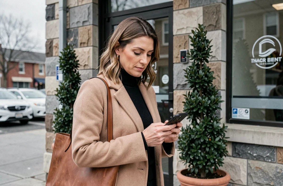 Dirigeante de PME devant l'entrée de son entreprise consultant son smartphone en milieu urbain