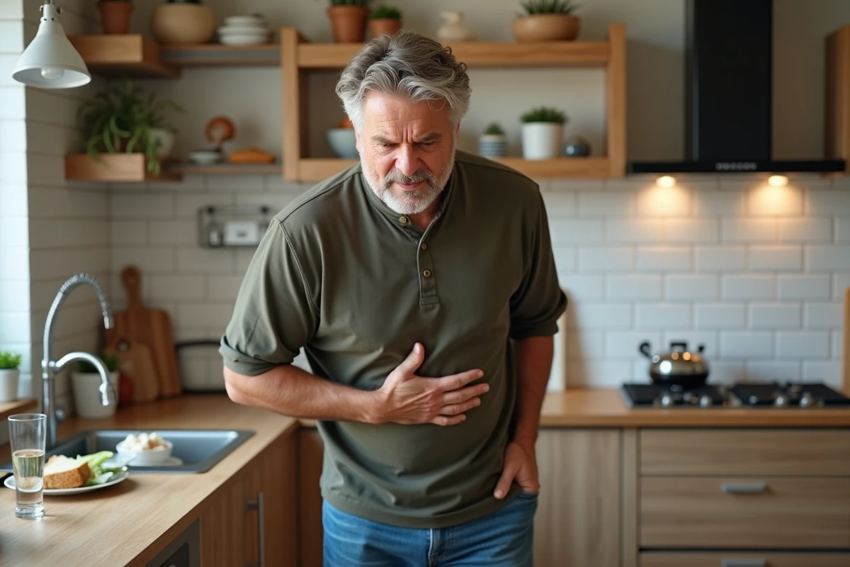 Homme souffrant d'une douleur abdominale aiguë dans la cuisine après un repas, évoquant les symptômes d'un calcul biliaire avec douleur au niveau du pancréas