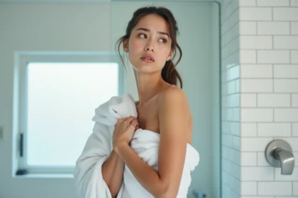 Femme pressant son aisselle avec les doigts dans une salle de bain lumineuse, exprimant une légère douleur après épilation