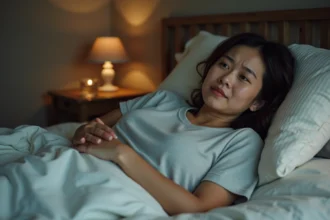 Femme allongée dans son lit la nuit, main posée sur le côté droit sous les côtes, expression de douleur légère et inconfort nocturne